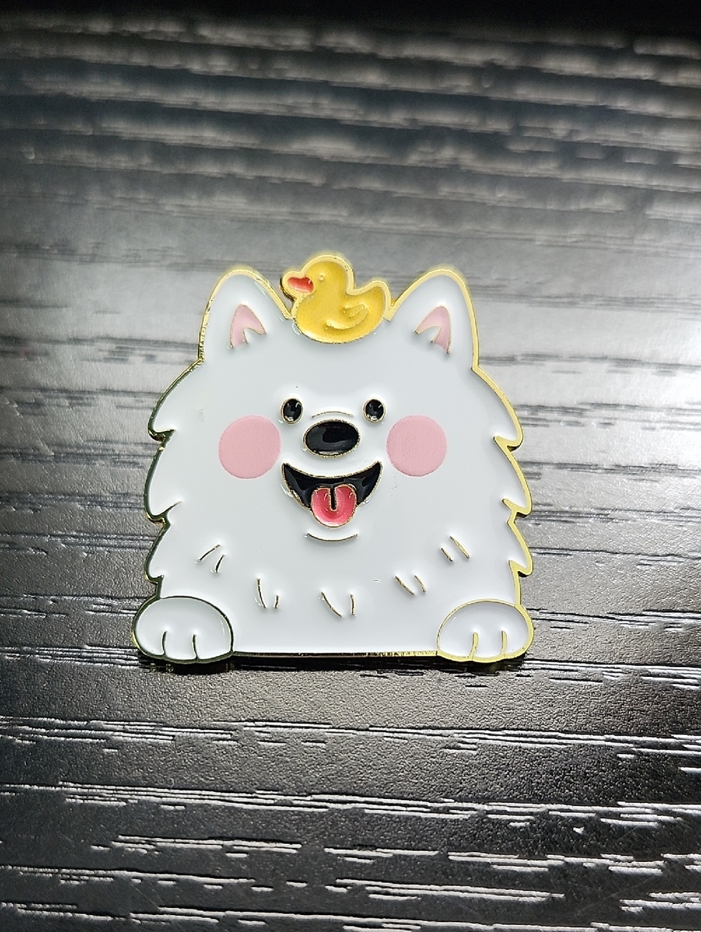 Cute White Fluffy Dog Enamel Pin with Yellow Duck